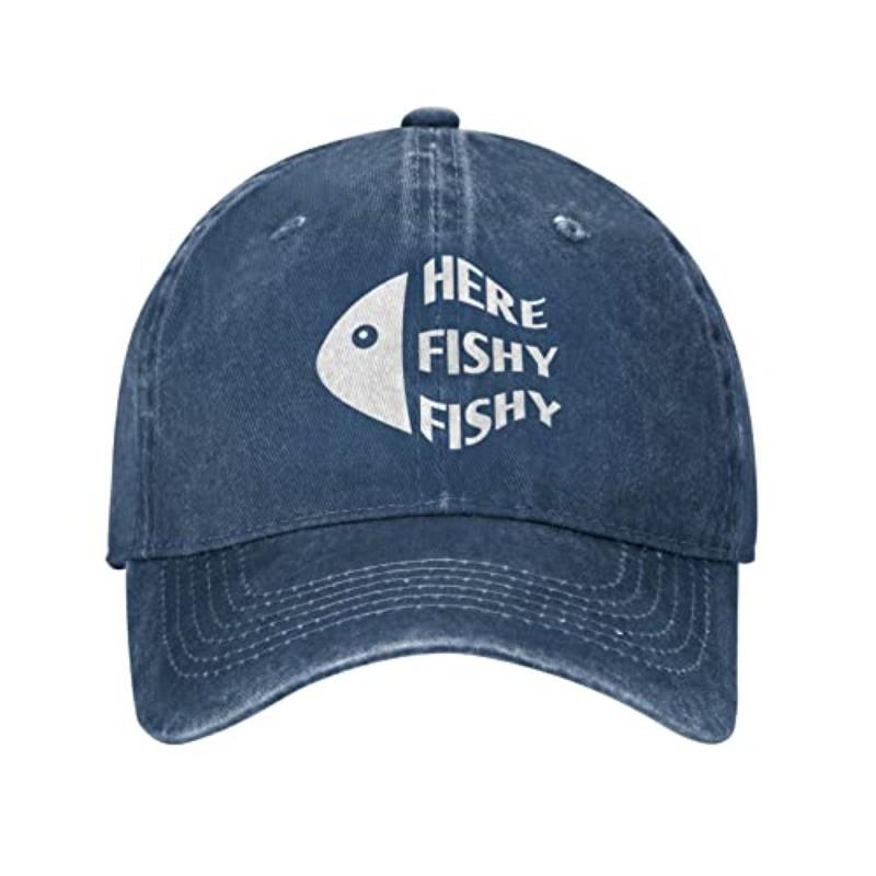 Here Fishy Fishy Graphic Denim Baseball Cap Funny Fishing Dad Adult Unisex Casual Summer Can Be Adjusted темно-синий