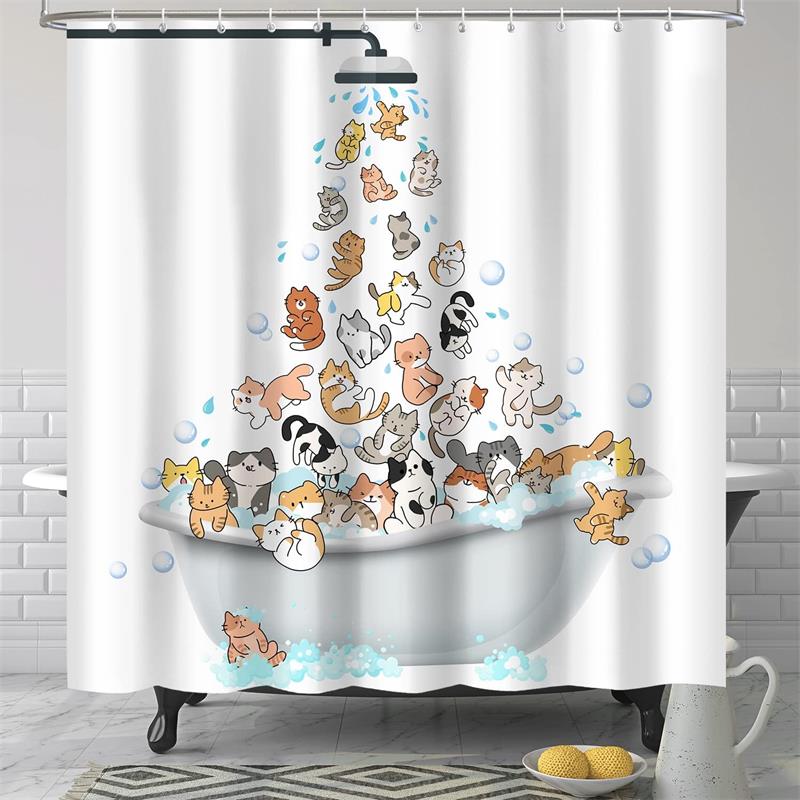 Funny Bathing Cat Dog Cartoon Shower Curtains Dolphin Octopus Sea Turtle Starfish Ocean Animals Bath Curtain Kids Bathroom Decor