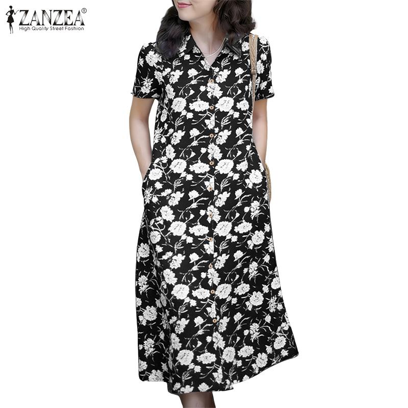 ZANZEA Women Casual Turn Down Collar Short Sleeve Floral Shirt Dress