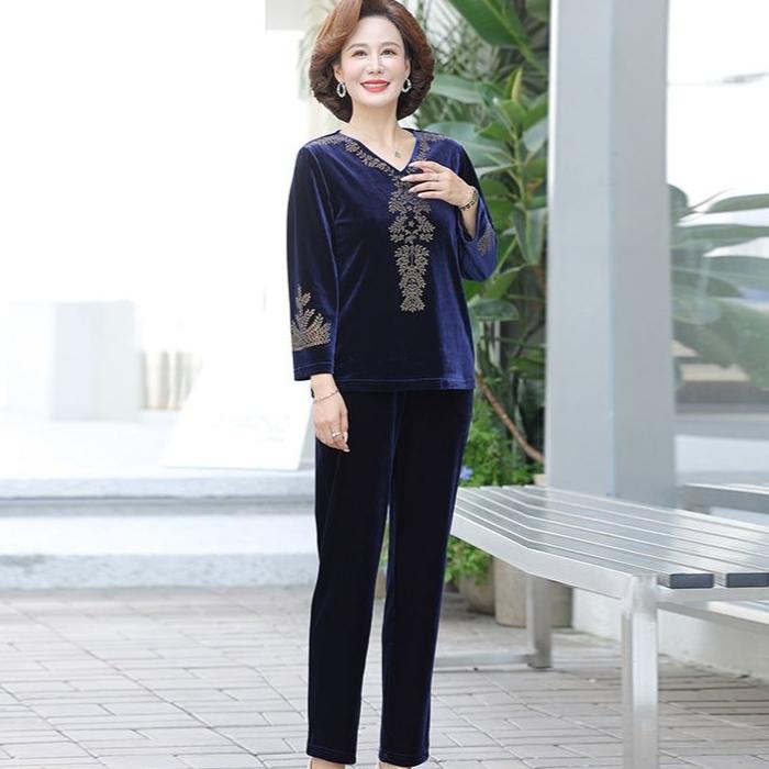 2pcs Pants Suits Spring Autumn Women's Gold Velvet Plus Size Blouse High-waist Velvet Harem Pants Two-piece Set