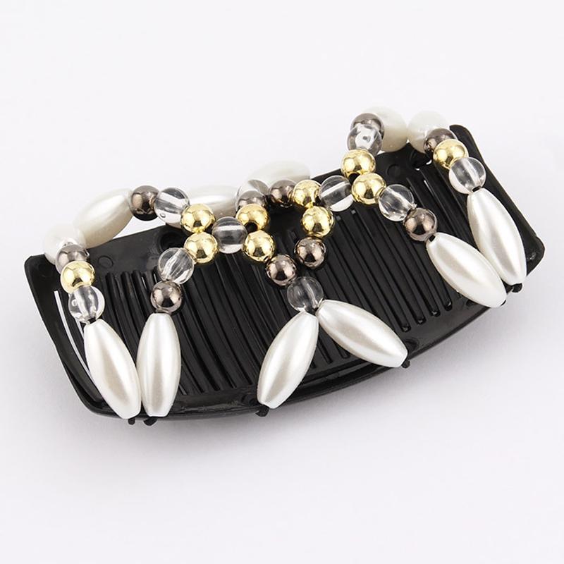 Women DIY Hair Accessories Pearl Beaded Elastic Hair Claw Hairpin Magic Comb Up-Do Hairstyle Bun Maker Tool Ponytail Hairdo Wolf