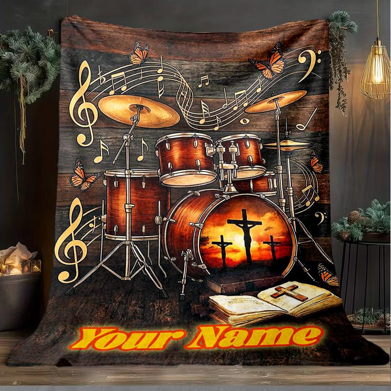 1PC Custom Name Music Faith Fusion flannel blanket versatile,all-season throw suitable for the living room,bedroom,camping,travel,and gift