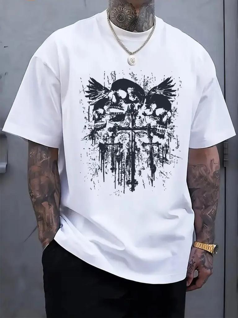 Summer Mens Tshirt 100 Cotton Skull and Wings Pattern Print Comfortable Short Sleeve American Trendy Fashion Style Loose