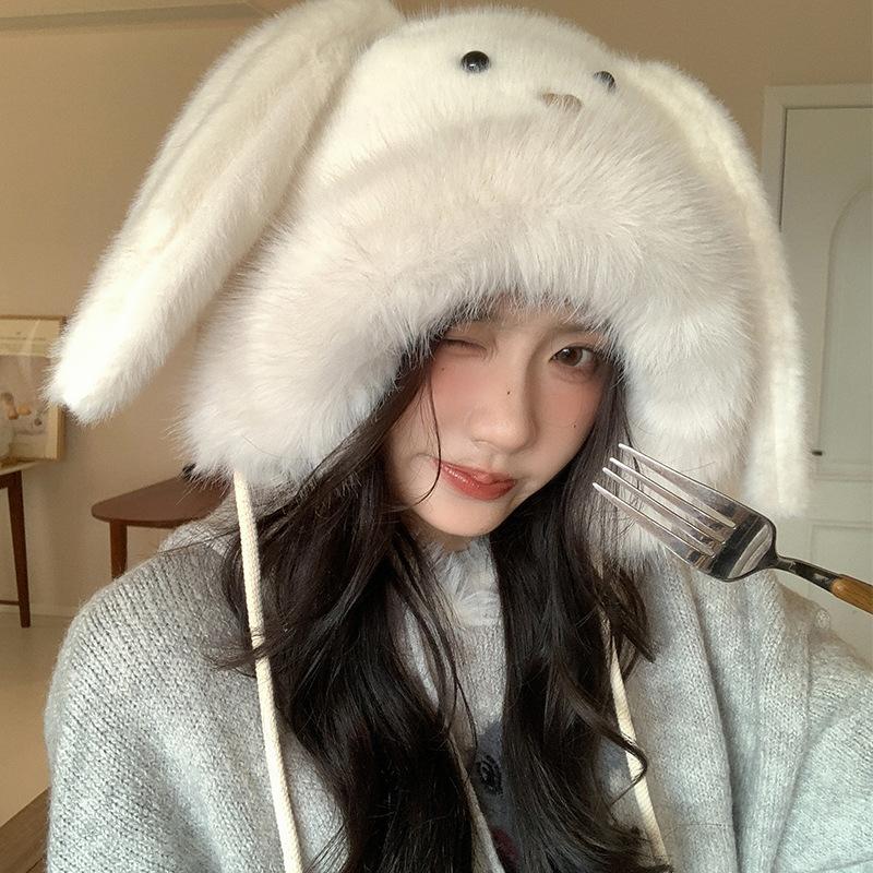 

Cute big rabbit ears plush hat female autumn and winter big head circumference shows the face small ear protection hat thickened to keep warm child Adult (56-58cm) чорний