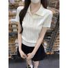 women pointelle knit polo shirt short sleeve button placket form-fitting casual solid color top
