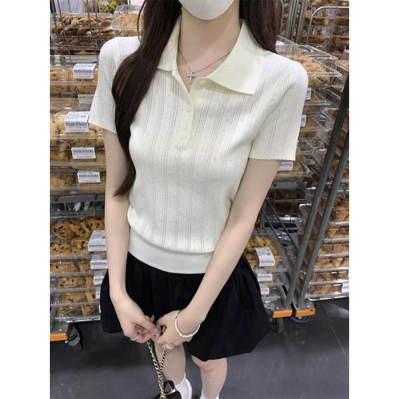 women pointelle knit polo shirt short sleeve button placket form-fitting casual solid color top