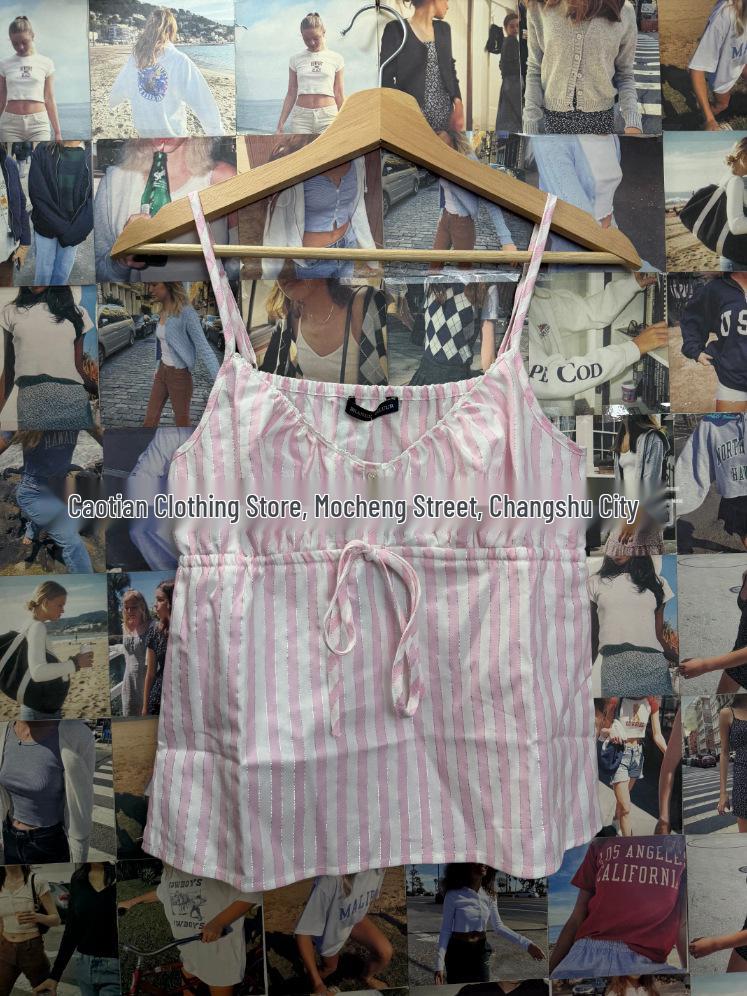 Sweet Girly Pink Striped Lace-Up Waist-Cinched Camisole One Size