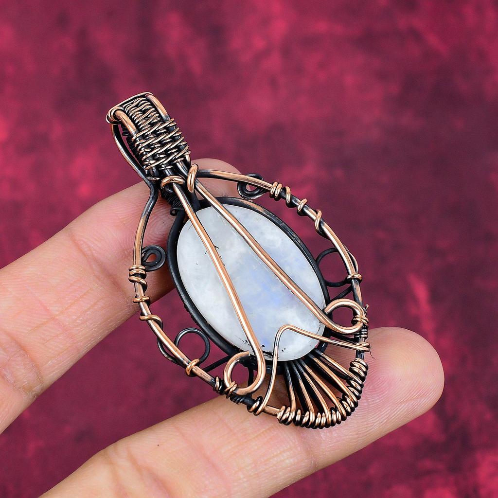 Tree Of Life Rainbow Moonstone Pendant Copper Wire Wrapped Gemstone Jewelry