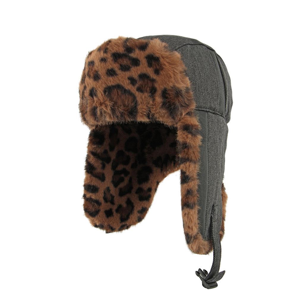 Leopard Plüsch Bombermütze Herren Damen Herbst Winter Dick Winddicht Kalt Skimütze Baumwollmütze Ohrenschutz Reitmütze