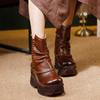 Johnature Women's Platform Shoes Genuine Leather Thick Soled Comfortable Versatile Retro Wedges Short Boots