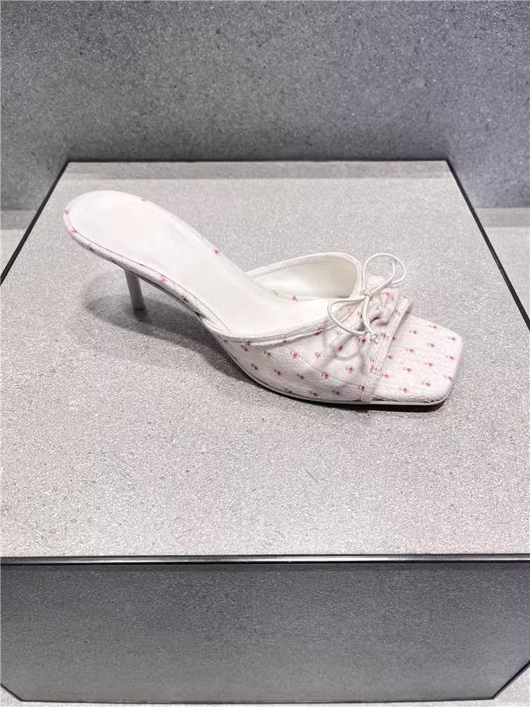 Elegant Slippers Women Solid Leather Solid Color Peep Toe Thin High Heels Ladies Slides Butterfly Knot Outdoor Shoes Plus Size