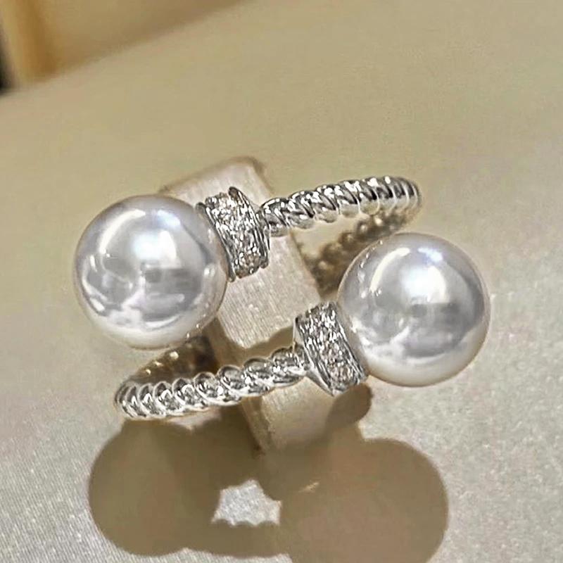 

Huitan Double Simulated Pearl Opening Adjustable Finger Ring for Women Gold Color Twist Band Temperament Elegant Female Zircon resizable