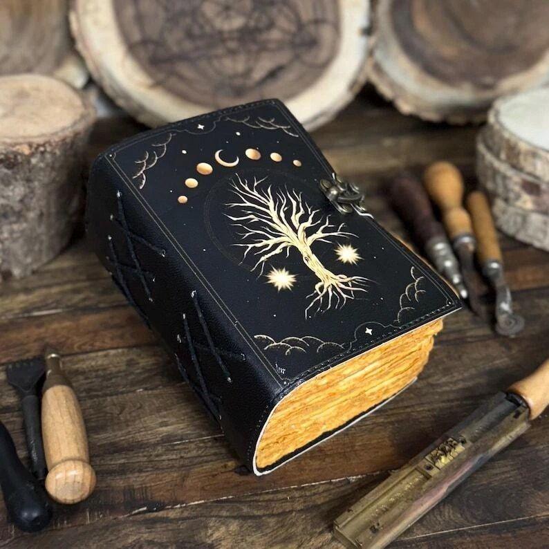 Large tree of life leather journal Grimoire journal Blank spell tarot notebook