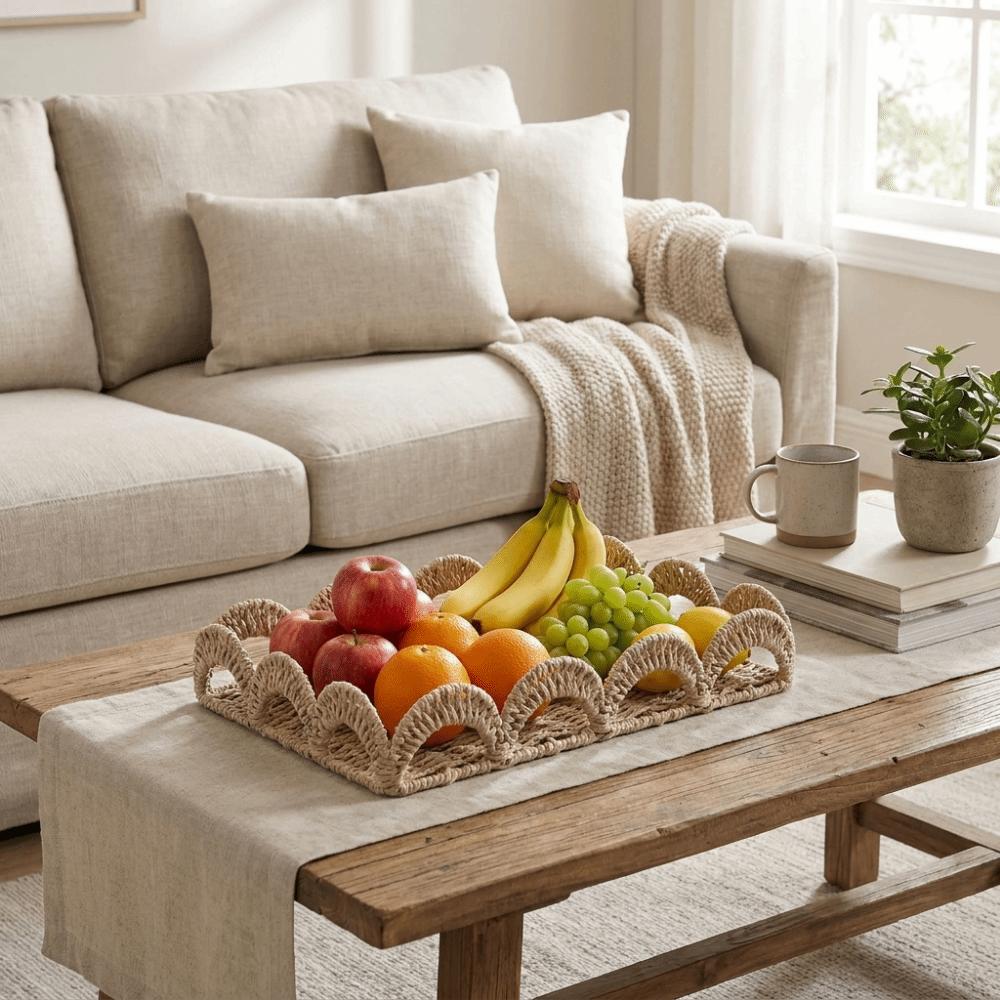 Scalloped Edge Paper Rope Storage Basket Handmade Fruit Basket Practical Desktop Organizer Kitchen