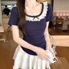 Lace Trim Patchwork Short Sleeve Women's Slim Korean Style Petite Summer Top