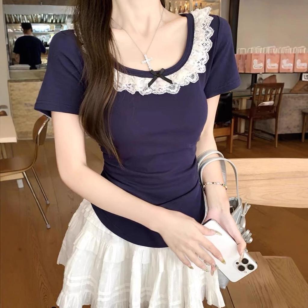Lace Trim Patchwork Short Sleeve Women's Slim Korean Style Petite Summer Top