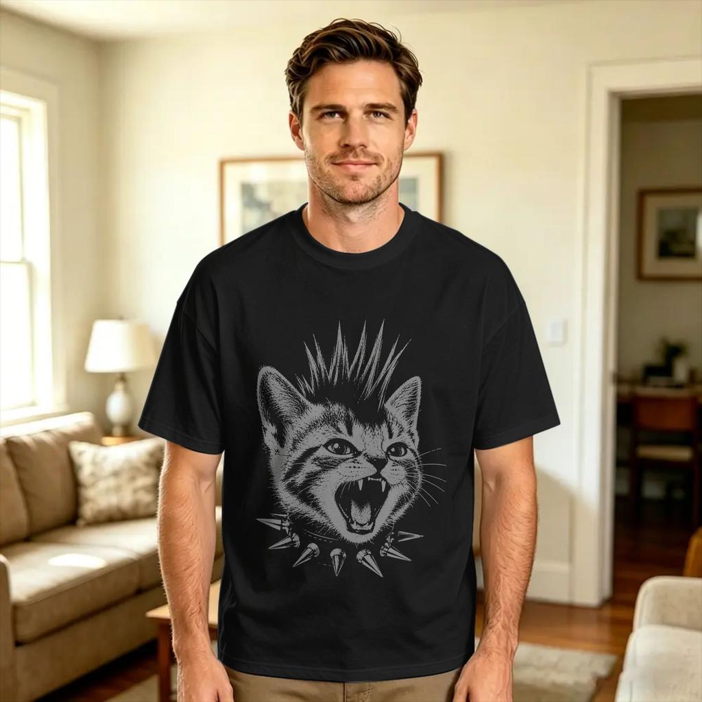 Oversized Tshirt Rocker Cat Punk Metal Rock And Roll Music Rock Cat Cotton Tshirts Novelty Tee Shirt For Unisex Summer Clothing