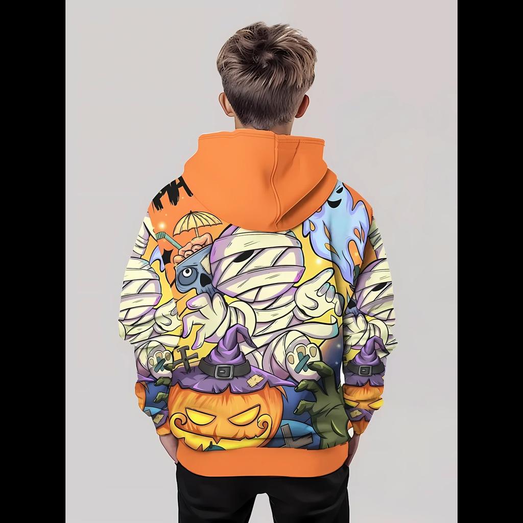 Fall 2025 new comfortable children's hoodie 3D cartoon Halloween monster print outdoor casual jumper