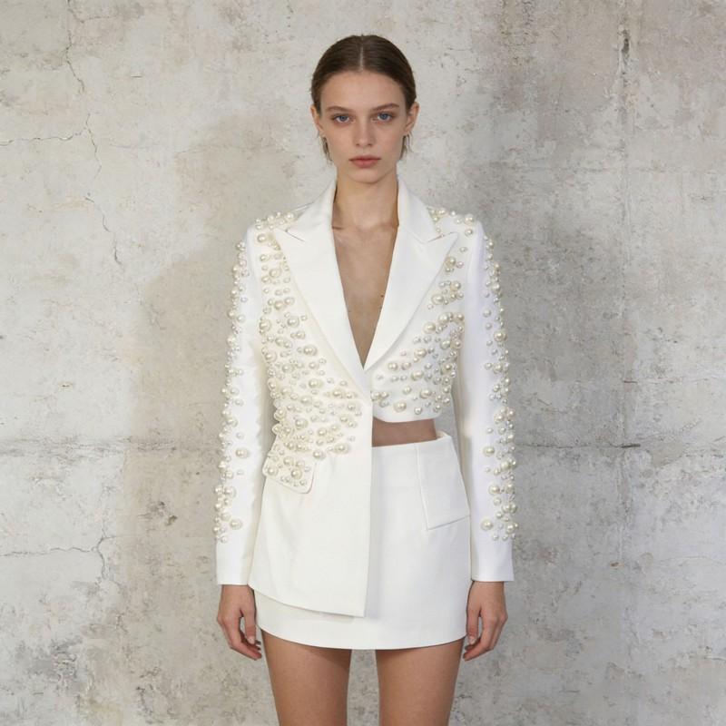 Fashion Sexy Wind Skirt Suit Women Lapel Pearl Decoration Short Top + Low Waist Slimming A-line