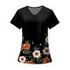 Women's Fashion Printed Short Sleeve V Neck Pattern Tops Pocket Working T-shirts