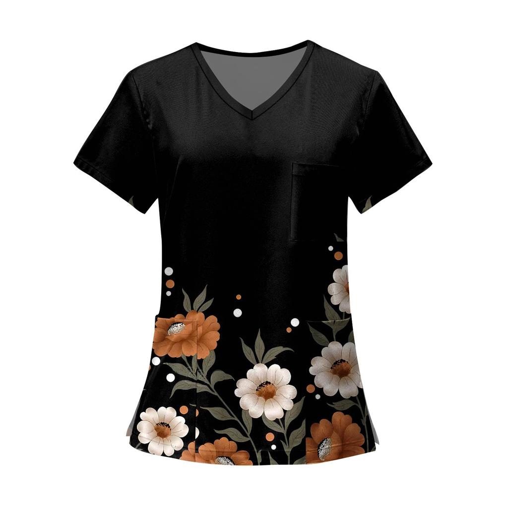 Women's Fashion Printed Short Sleeve V Neck Pattern Tops Pocket Working T-shirts