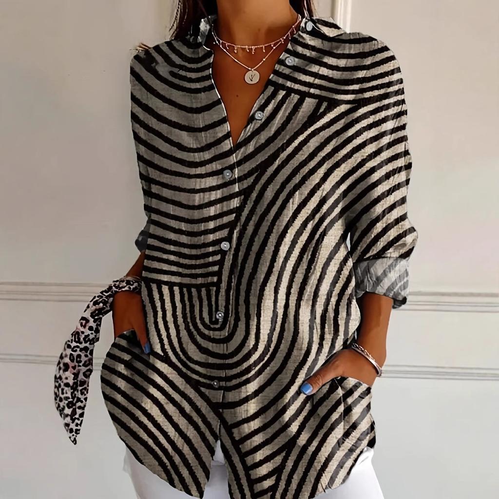 JKASHDK Damenmode Casual Frühling Herbst Streifendruck Langarm Polokragen Blusen & Hemden
