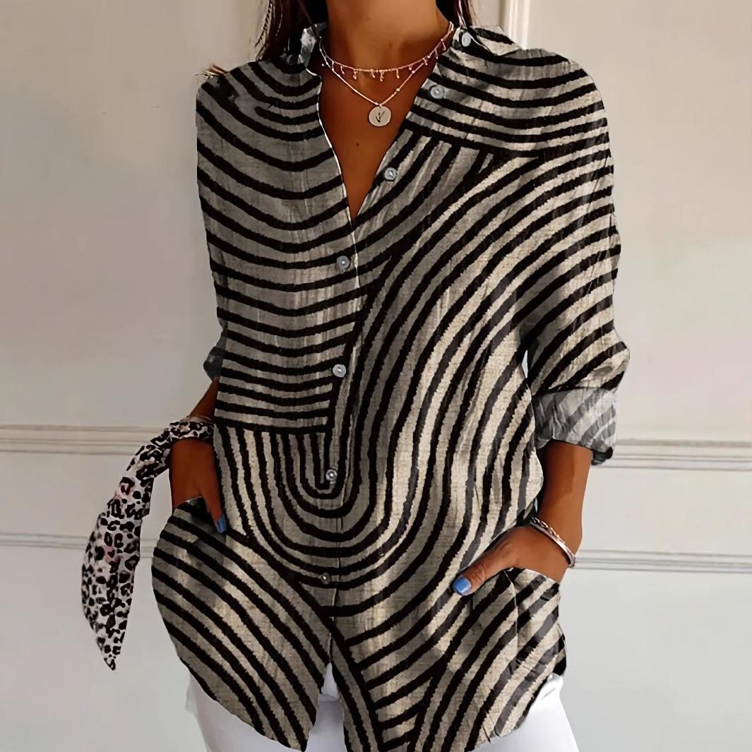 

JKASHDK Женские модные повседневные весенне-осенние рубашки-поло с длинным рукавом и принтом в полоску, блузки и рубашки XXL