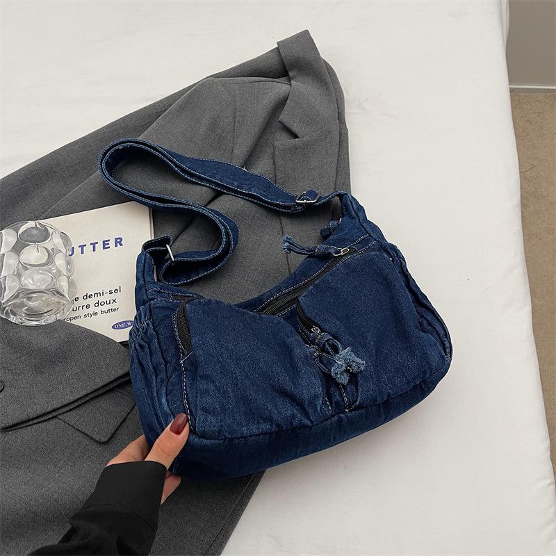 2025 new niche retro pleated dumpling bag denim locomotive bag casual fashion shoulder messenger canvas bag