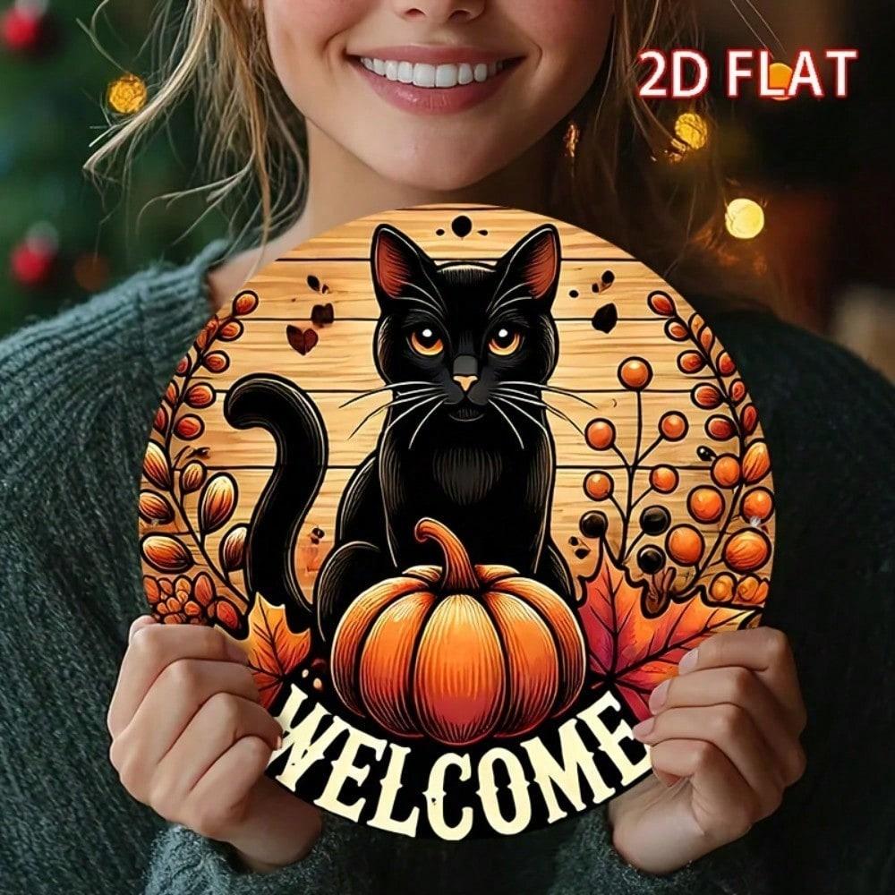 

Spooky Halloween Black Cat Pumpkin Metal Wall Sign, Flat Wreath Autumn Leaves Porch Decor 20x20 разноцветный