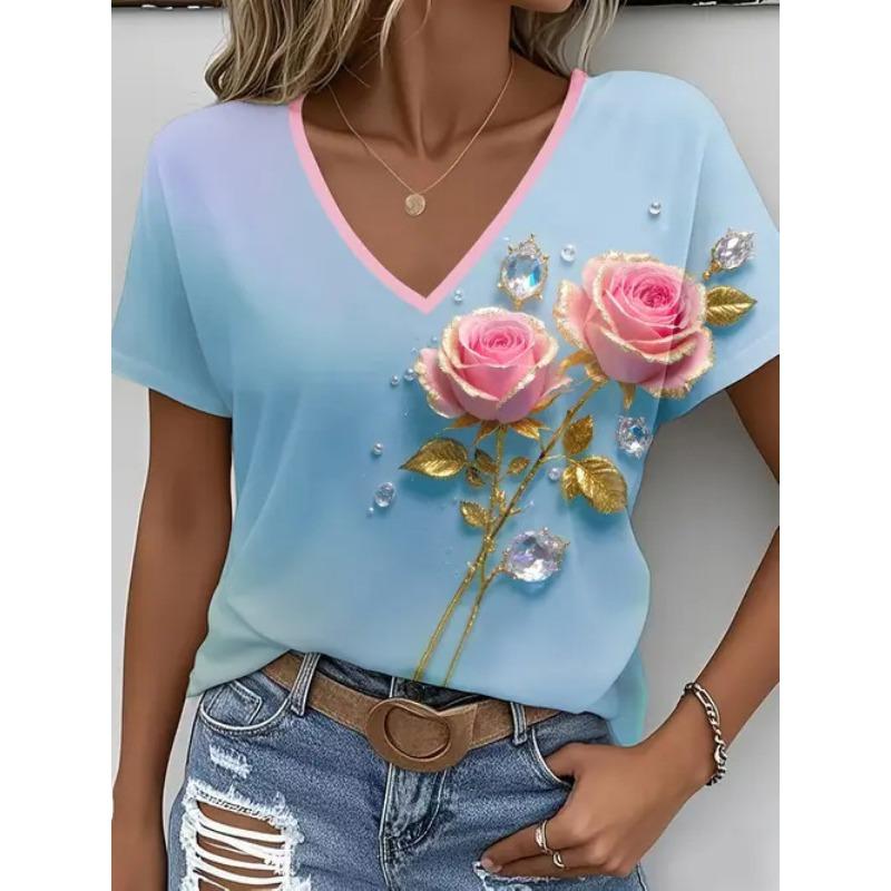 Summer New Women's T-shirt Fashionable Casual Versatile Plant Vacation Style 3D Printed V-neck Short Sleeved Top