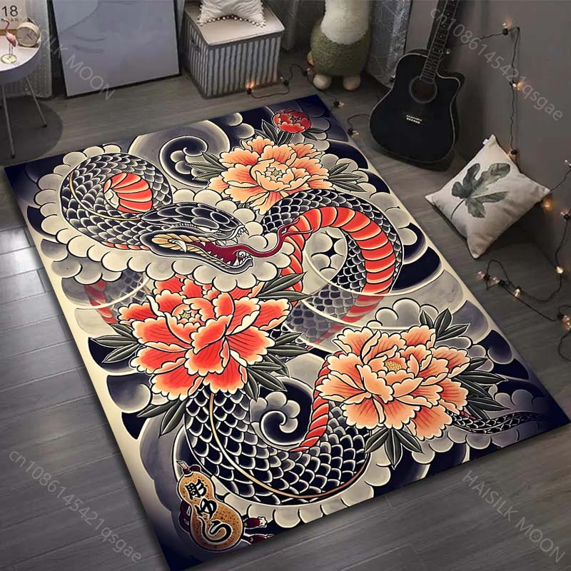 Snake Japanese Tattoo Art Print Carpet for Living Room Bedroom Bedside Sofa Floor Mat Modern Home Decor Area Rug Large Size