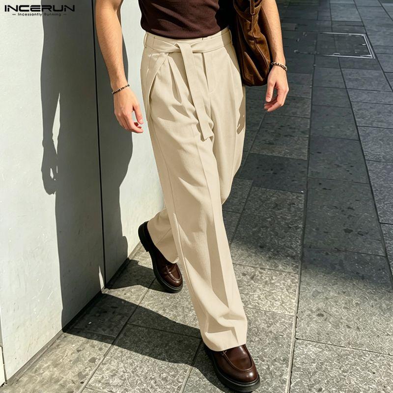 INCERUN Men's Zip-up Waist Casual Pleated Trousers Loose Wide Leg Pants with Belt Slacks