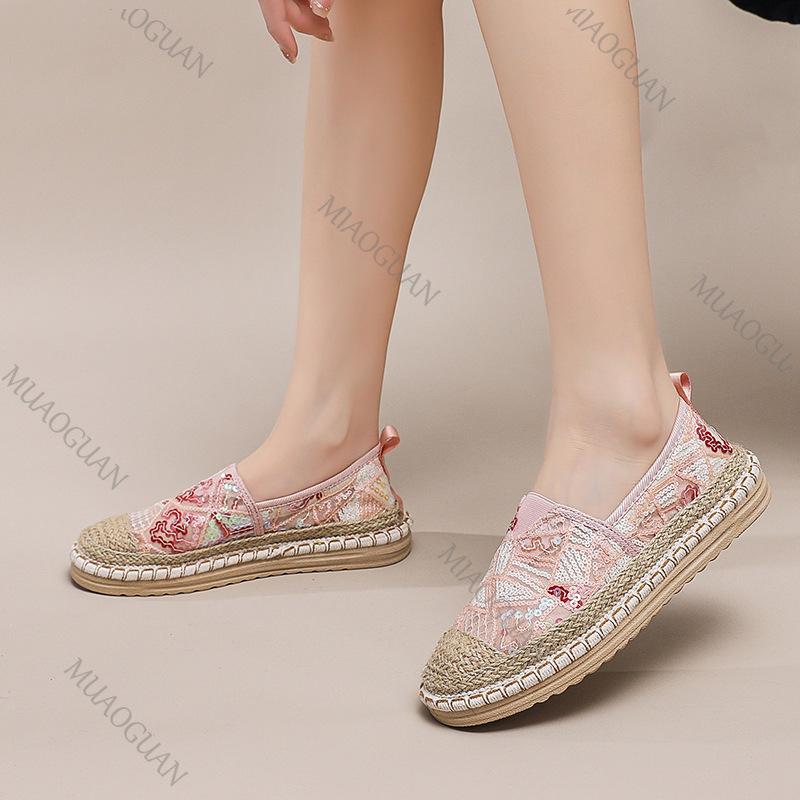 Fashion Lace Breathable Fashion Flats for Women Casual Slip On Spring Summer New Weaving Sequins Loafers Mixed Color Flat Single Shoes