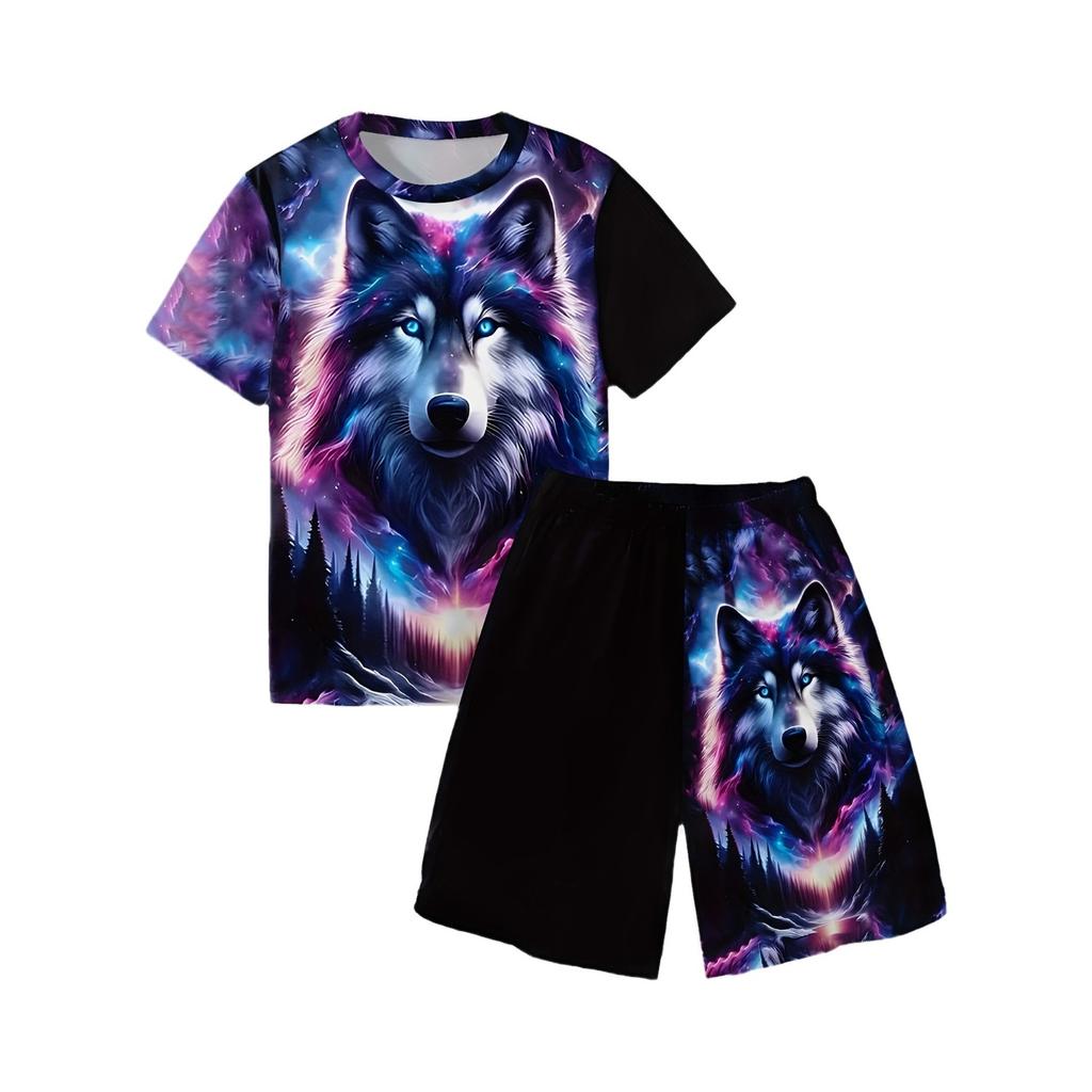 Boy's Wolf Head Animal Pattern Domineering Set, Fashionable Printed Casual Short Sleeved T-shirt, Outdoor Personalized Shorts Set
