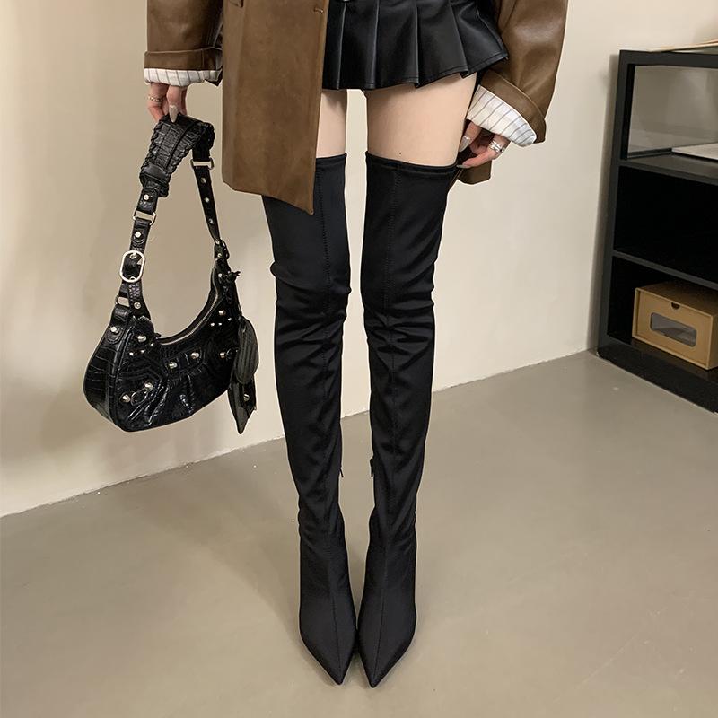 Mi Ting European and American knee boots autumn and winter 2025 black pointed head tall tube big long legs high heels elastic thin boots