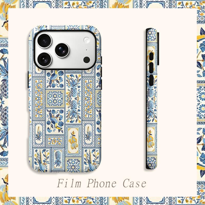Artistic Mediterranean Parrot Pineapple Tile Graphic Art Film Aesthetic Protective Shockproof Bumper Case For iPhone 14 15 16 Pro Max Plus