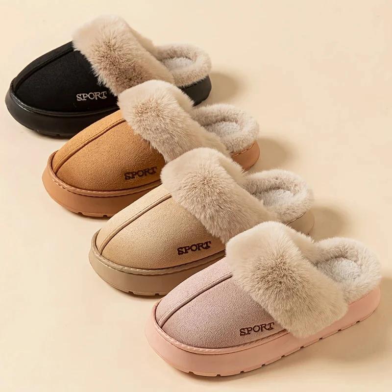 Women Thickened Fluff Warm Slippers Winter Warm Couple Style Concise Fluffy Soft Slippers Men Non-slip Indoor Home Cotton Shoes