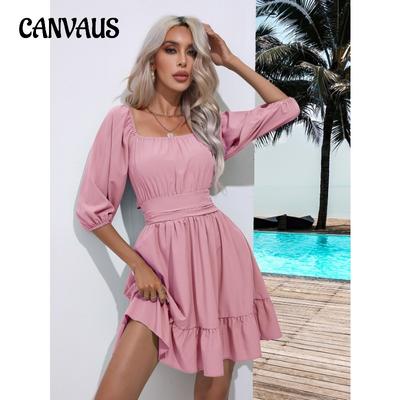 Vestido feminino de verão com babados, gola quadrada, cor sólida, vestido curto com gravata doce e fresca