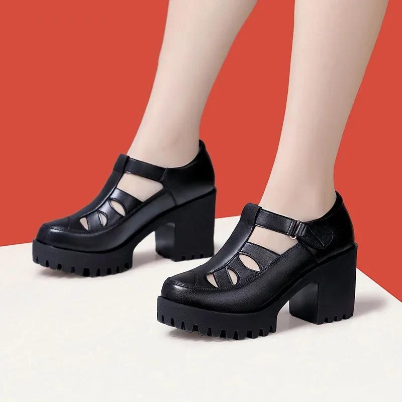 8cm Small Size 32-43 Close Head Genuine Leather Shoes Chunky Platform Sandals 2025 Block High Heels Gladiator Sandals Office Mom