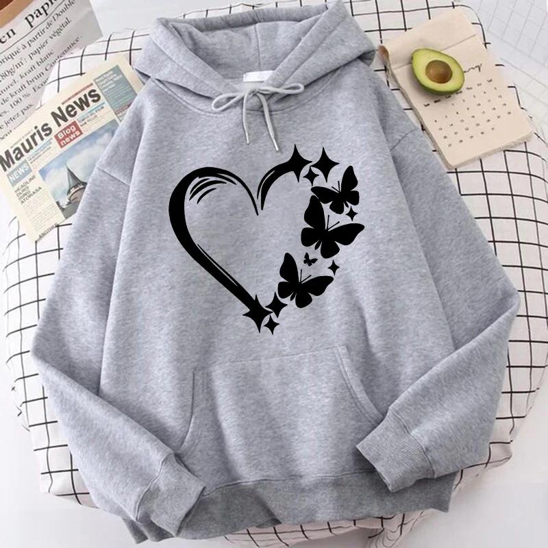 Autumn Winter Love Butterfly Cute Print Long Sleeve Pullovers Women's Hoodies Trendy Pocket Sweatshirt  Vintage Hooded Clothing