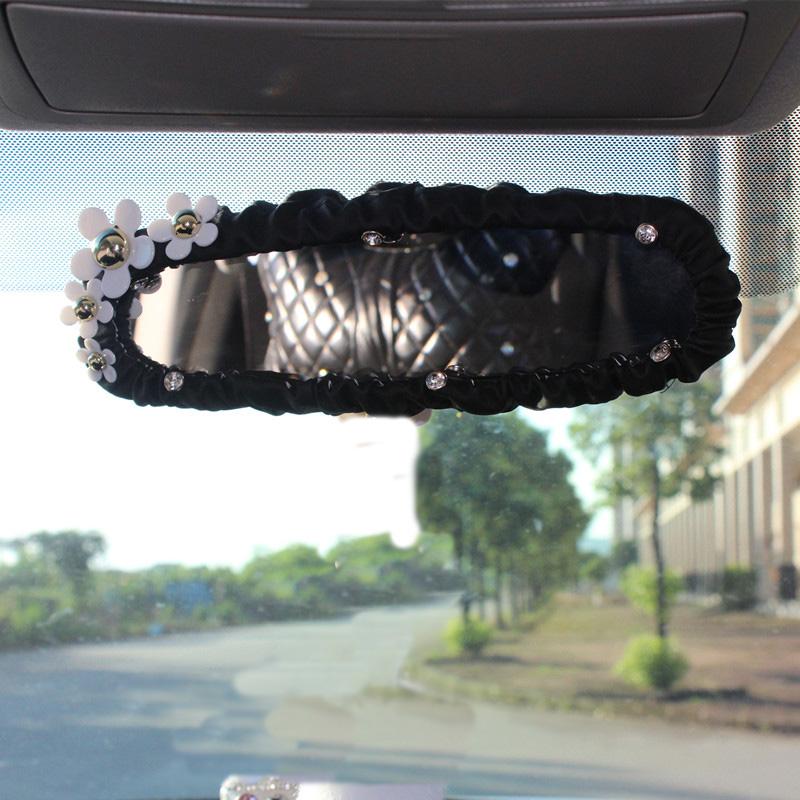 Crystal Daisy Car Interior Accessories Rear View Mirror Cover Leather Auto Rearview Mirror Cover Decoration For Women and