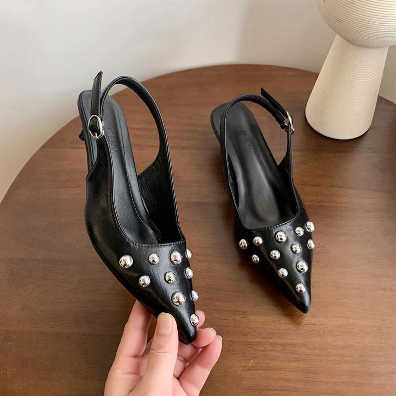 Nové letní dámské sandály Kovové nýty Vysoké podpatky Obuv Elegantní Slingback Špičaté Nazouvací Párty Dámské Lodičky Boty