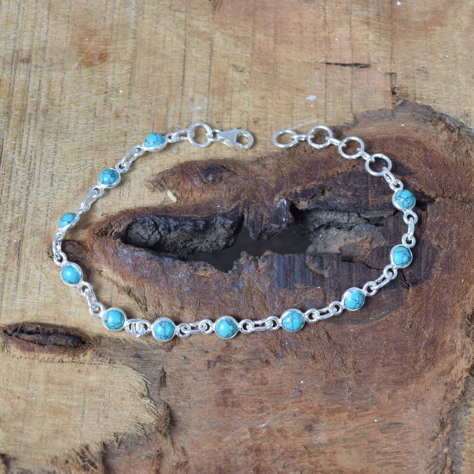 

Solid 925 Sterling Silver Turquoise Round Gemstone Handmade Designer Birthstone Bracelet Women Jewelry 7 inch