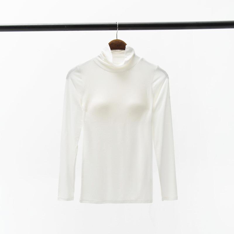 Women's Modal Padded High Neck Long Sleeve T-Shirt with Integrated No Underwire Bra Cup Pajama Base Layer