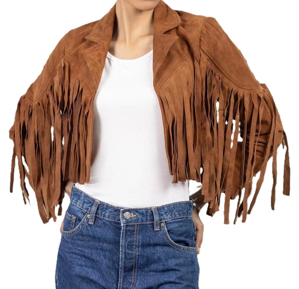 Handmade Suede Leather Fringe Women's 100% Brown Cropped Lambskin Jacket Stylish