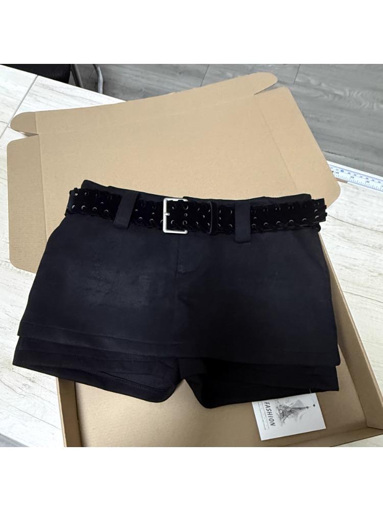 Maillard Style Women's High Waist Suede Plush Shorts with Belt - Coffee Color, Autumn/Winter Slimming Casual Pants