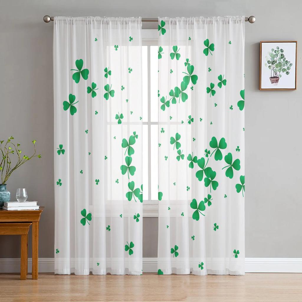 St Patrick Day Curtains Living Room Kitchen Clover Leaves Tulle Luck Wealth Irish Design Chiffon Curtain Light Filtering Polyester Area Window