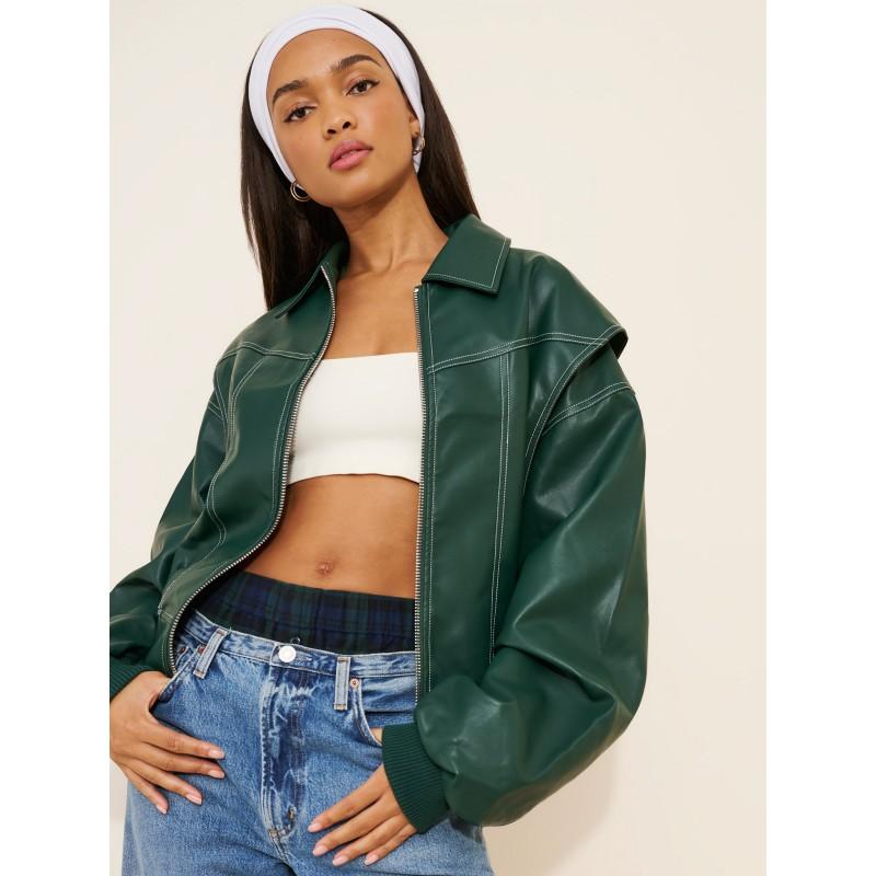 Vintage Faux Leather Jacket Loose Drop Shoulder Zip Up Streetwear Cropped Coat Women
