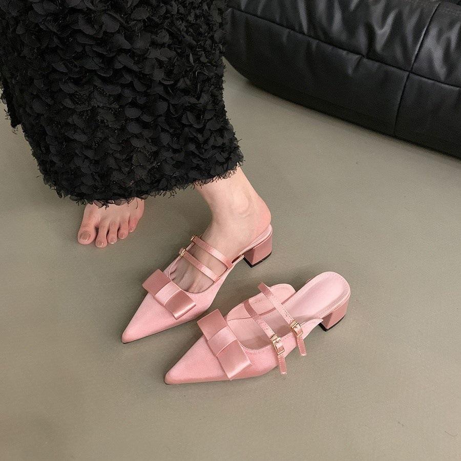 Pointed Toe Sandals Bow New French Thick Heel Bag Head Half Slippers Women's Shoes 2025 Summer Mary Jane Outer Wear