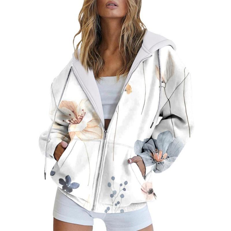 Womens Oversized Hooded Zip-Up Sweatshirt With 3D Digital Print Casual Loose Fit Winter
